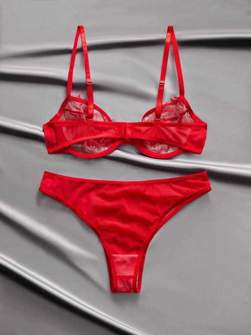 Red Satin Lace Sheer Mesh Lingerie Set – Valentine's Day Special