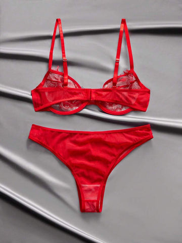 Red Satin Lace Sheer Mesh Lingerie Set – Valentine's Day Special