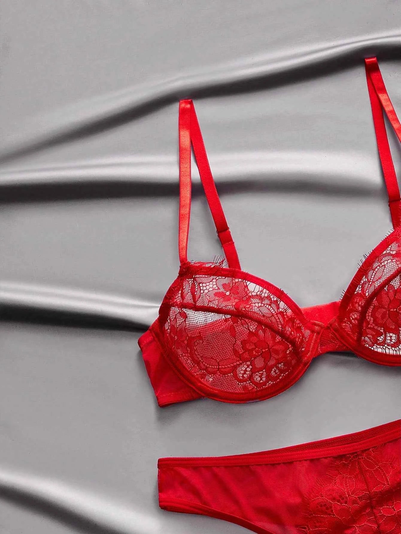 Red Satin Lace Sheer Mesh Lingerie Set – Valentine's Day Special