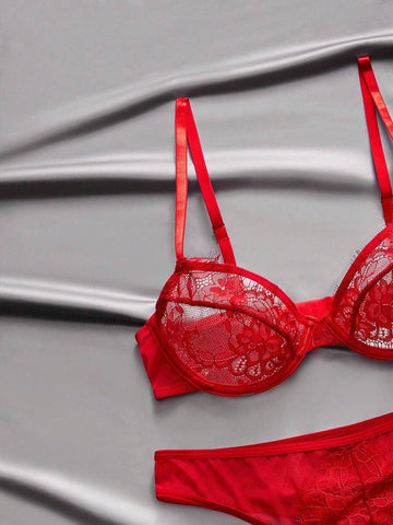 Red Satin Lace Sheer Mesh Lingerie Set – Valentine's Day Special