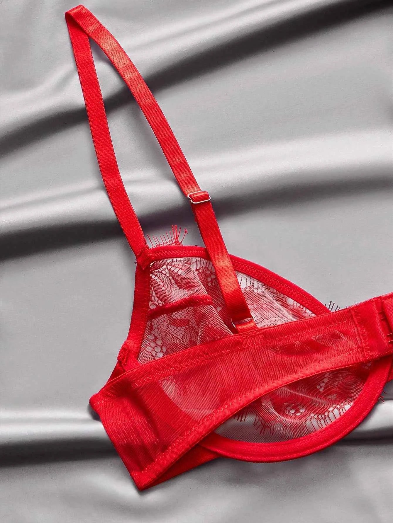 Red Satin Lace Sheer Mesh Lingerie Set – Valentine's Day Special