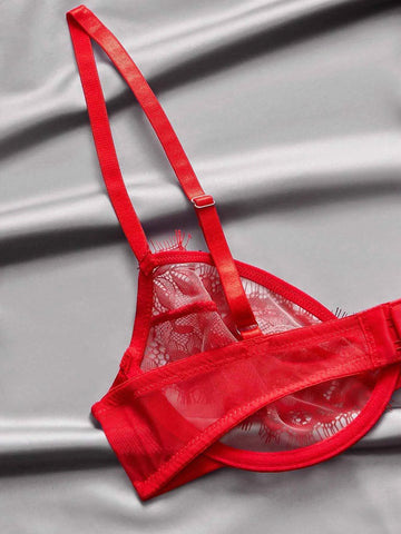 Red Satin Lace Sheer Mesh Lingerie Set – Valentine's Day Special