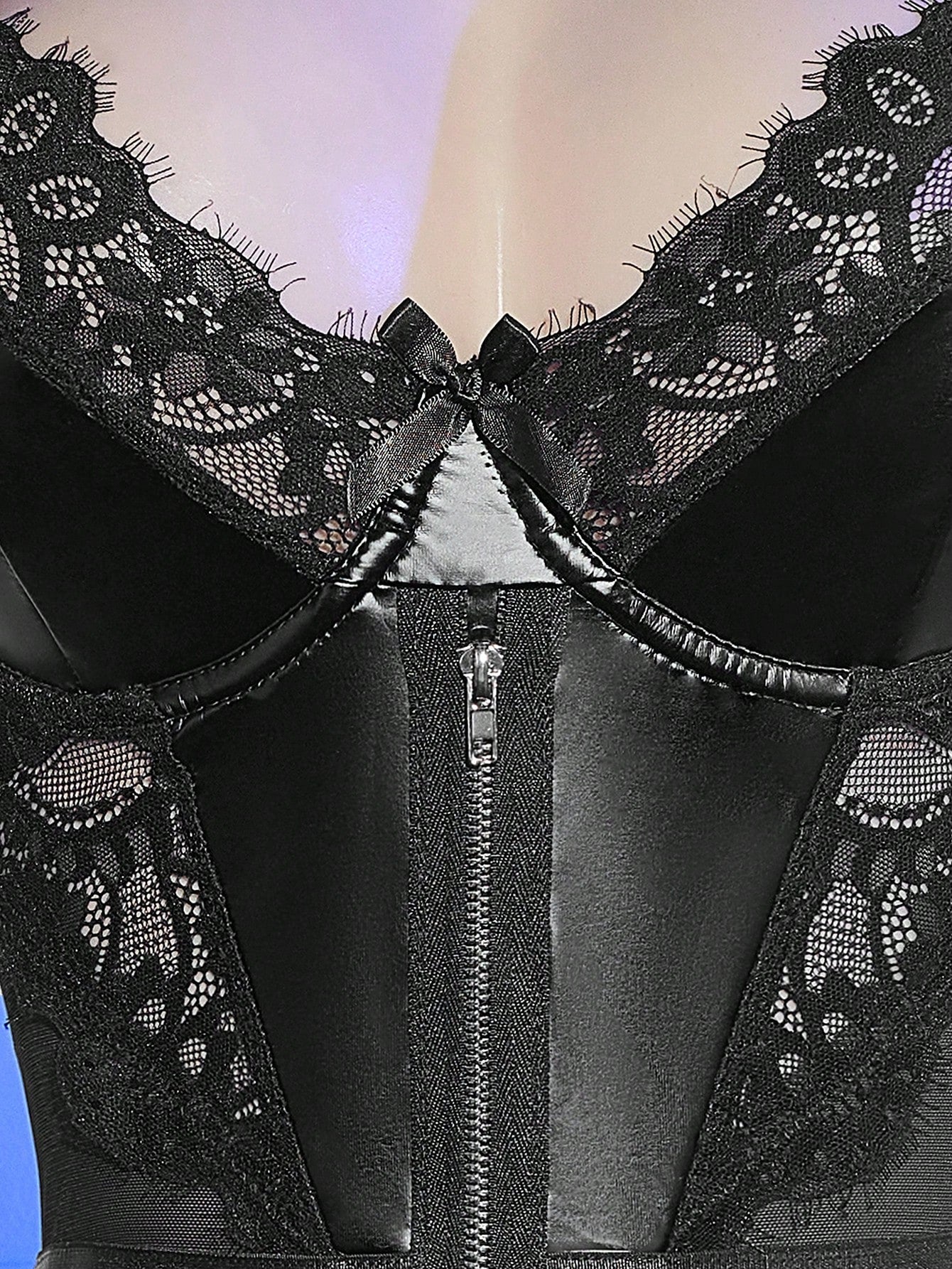 2pc PU Leather Lace Front Zipper Corset Nightie Set - TFI Lingerie Pakistan - Image 7