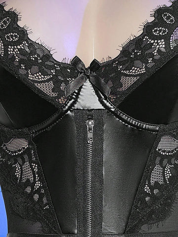 2pc PU Leather Lace Front Zipper Corset Nightie Set - TFI Lingerie Pakistan - Image 7