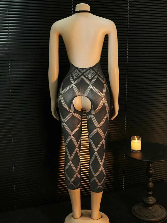 Geometric Hollow Mesh Halter Backless Bodysuit