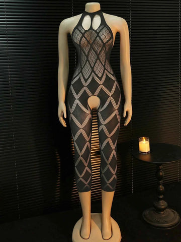 Geometric Hollow Mesh Halter Backless Bodysuit