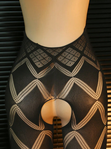 Geometric Hollow Mesh Halter Backless Bodysuit