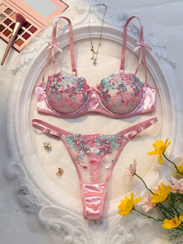 Pink Floral Embroidery Sheer Mesh Lingerie Set