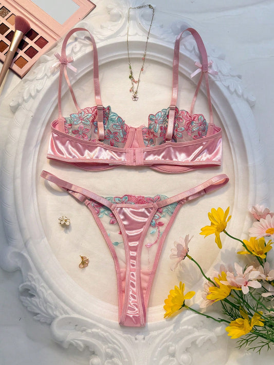 Pink Floral Embroidery Sheer Mesh Lingerie Set