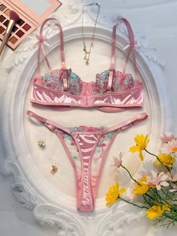 Pink Floral Embroidery Sheer Mesh Lingerie Set