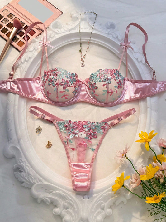 Pink Floral Embroidery Sheer Mesh Lingerie Set