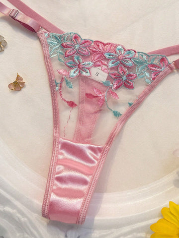 Pink Floral Embroidery Sheer Mesh Lingerie Set