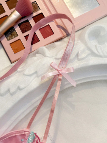 Pink Floral Embroidery Sheer Mesh Lingerie Set