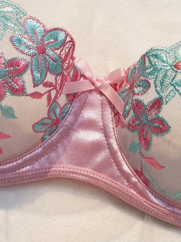 Pink Floral Embroidery Sheer Mesh Lingerie Set