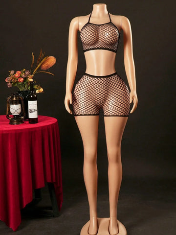 Fishnet Camisole Bra Shorts Set