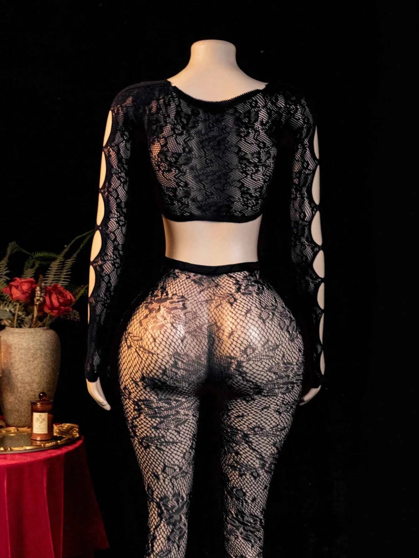 See Through Hollow Out Fishnet Bodystocking - Black