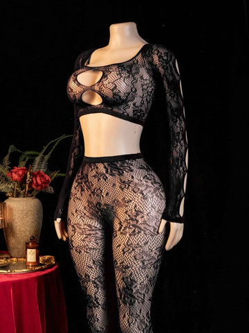 See Through Hollow Out Fishnet Bodystocking - Black