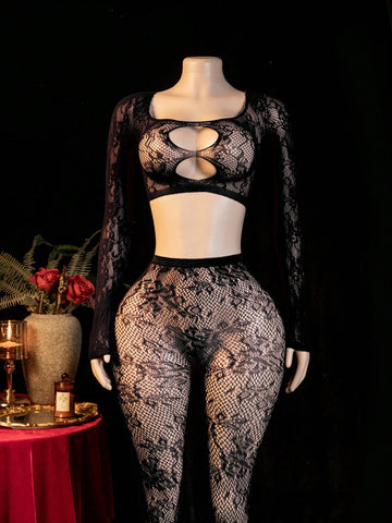 See Through Hollow Out Fishnet Bodystocking - Black