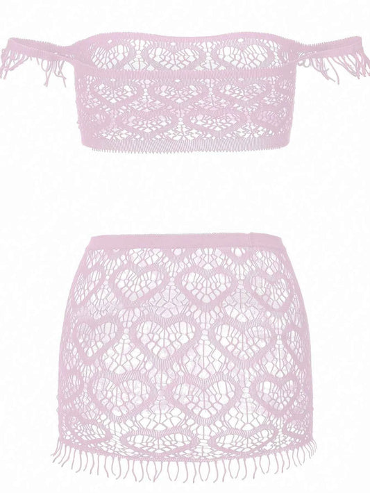 Off-Shoulder Crop Top Mini Skirt Set - Pink