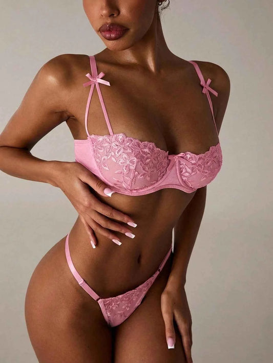 Pink Bow Detail Lavender Floral Lace Lingerie Set