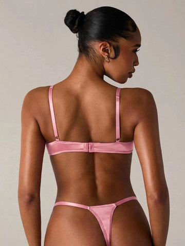 Pink Bow Detail Lavender Floral Lace Lingerie Set