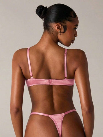 Pink Bow Detail Lavender Floral Lace Lingerie Set