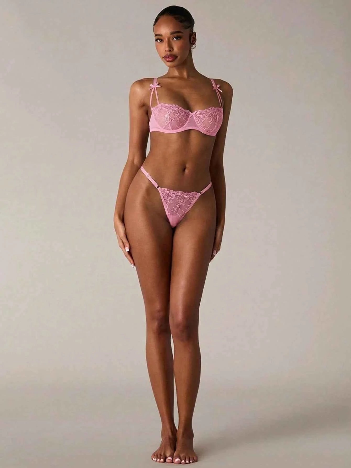 Pink Bow Detail Lavender Floral Lace Lingerie Set