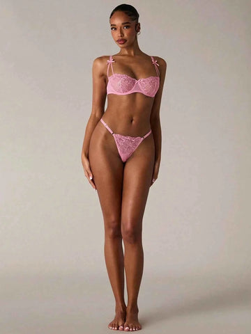 Pink Bow Detail Lavender Floral Lace Lingerie Set