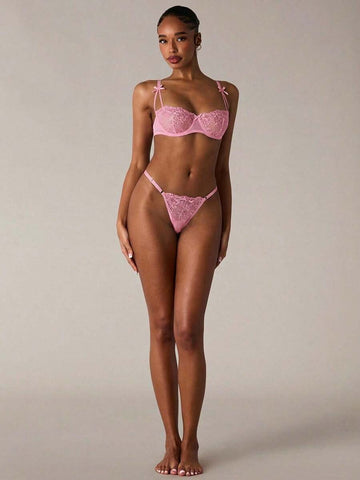 Pink Bow Detail Lavender Floral Lace Lingerie Set