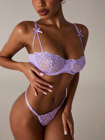 Bow Detail Lavender Floral Lace Lingerie Set