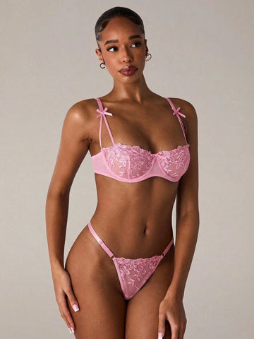 Pink Bow Detail Lavender Floral Lace Lingerie Set