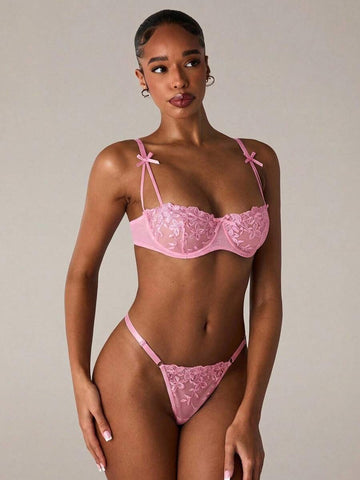 Pink Bow Detail Lavender Floral Lace Lingerie Set