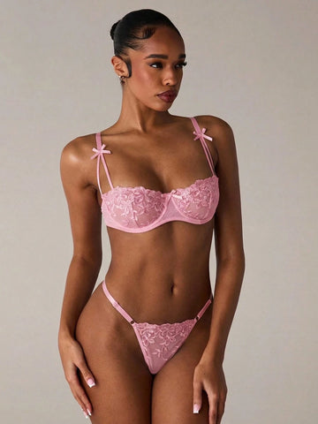Pink Bow Detail Lavender Floral Lace Lingerie Set