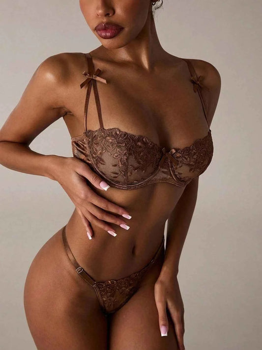 Cocoa Bloom Floral Embroidery Lingerie Set