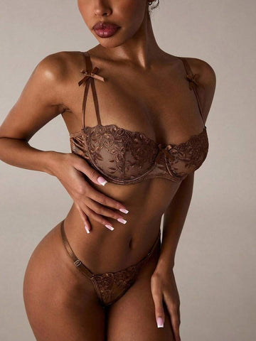 Cocoa Bloom Floral Embroidery Lingerie Set