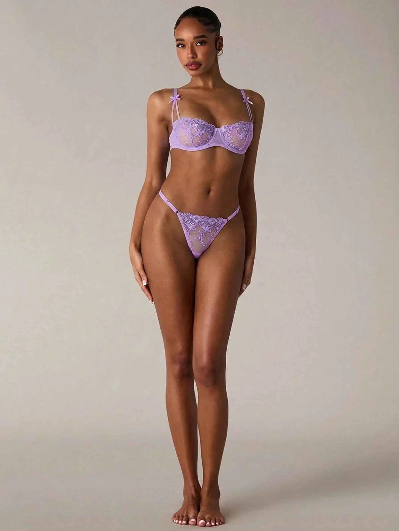 Bow Detail Lavender Floral Lace Lingerie Set