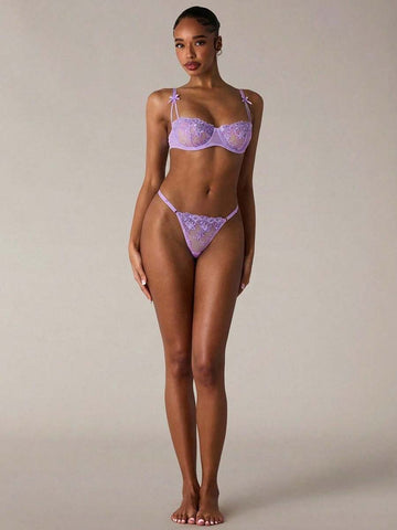 Bow Detail Lavender Floral Lace Lingerie Set