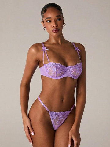 Bow Detail Lavender Floral Lace Lingerie Set