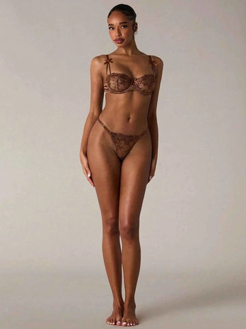 Cocoa Bloom Floral Embroidery Lingerie Set