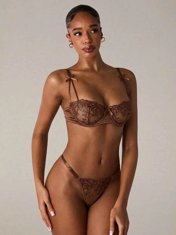 Cocoa Bloom Floral Embroidery Lingerie Set