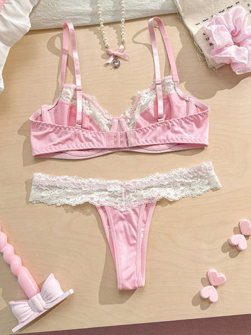 Pink Lingerie Set with White Lace Trim, Underwire Bra & Bow Accent