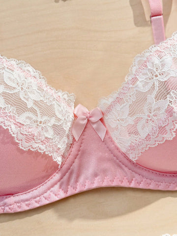 Pink Lingerie Set with White Lace Trim, Underwire Bra & Bow Accent