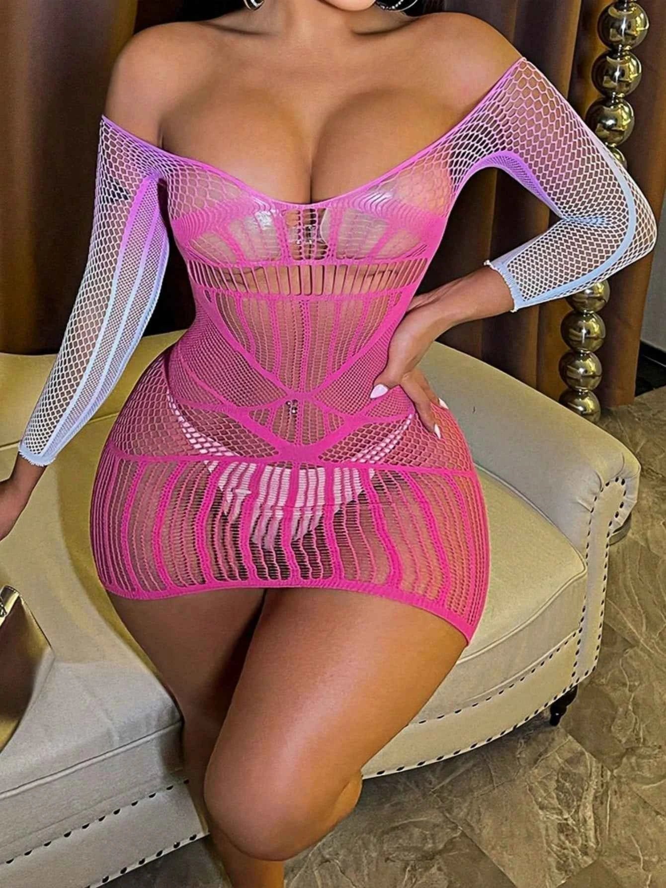 Sexy Lingerie Women's Mesh Hollow Out Cover-Up Dress Bikini Beach Cover-Up Sexy Lingerie Dress Off Shoulder Bikini Cover-Up