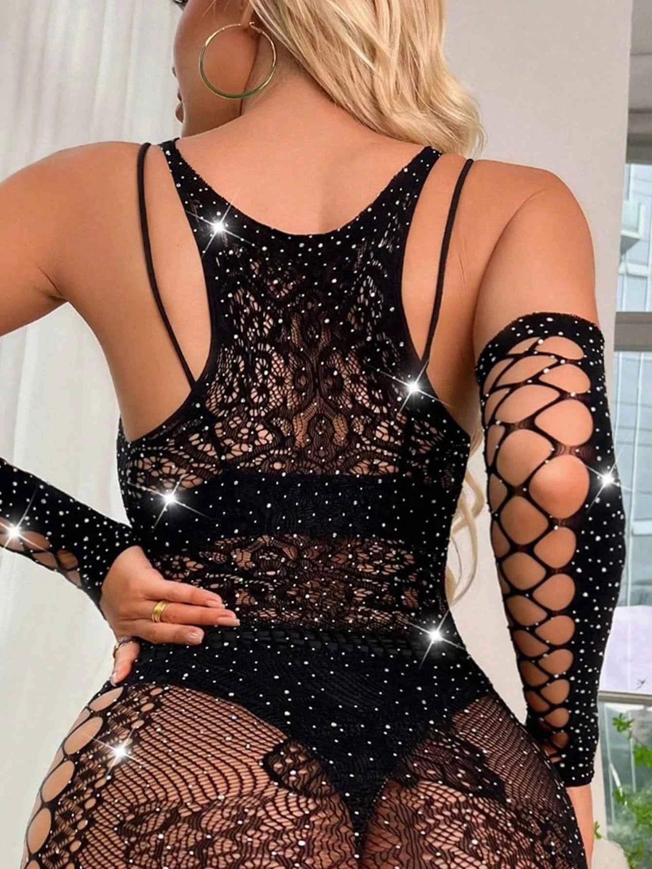 Sexy Women's Lingerie, New Year Valentine's Day Dress, Sparkling Rhinestones, Bodysuit Style, Mini Doll Cut, Mesh Outfit