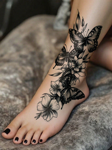 Black Butterfly Floral Tattoo Set