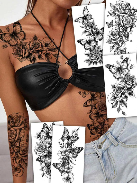 Black Butterfly Floral Tattoo Set
