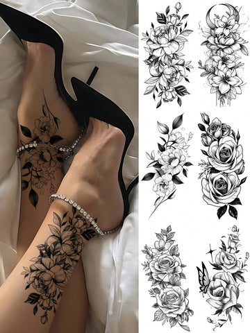 Large Black Floral Mixed Tattoo Set