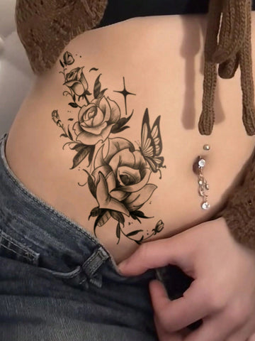 Large Black Floral Mixed Tattoo Set