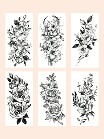 Large Black Floral Mixed Tattoo Set
