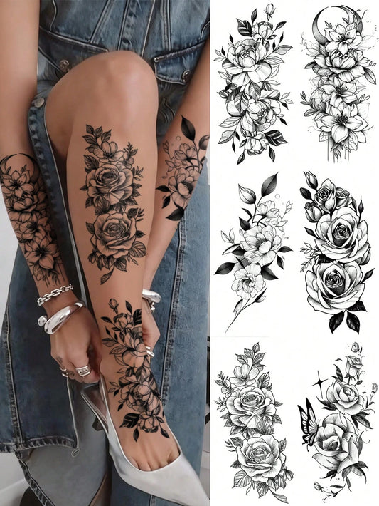 Large Black Floral Mixed Tattoo Set
